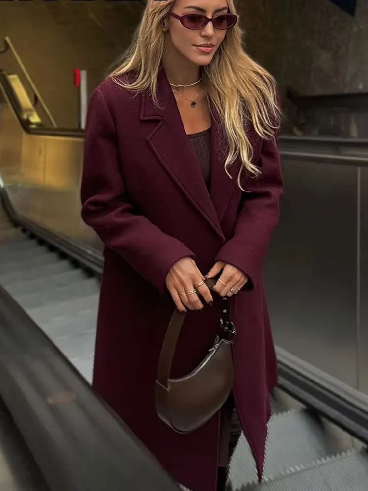Women’s Elegant Burgundy Long Coat – Double Breasted Winter Outerwear