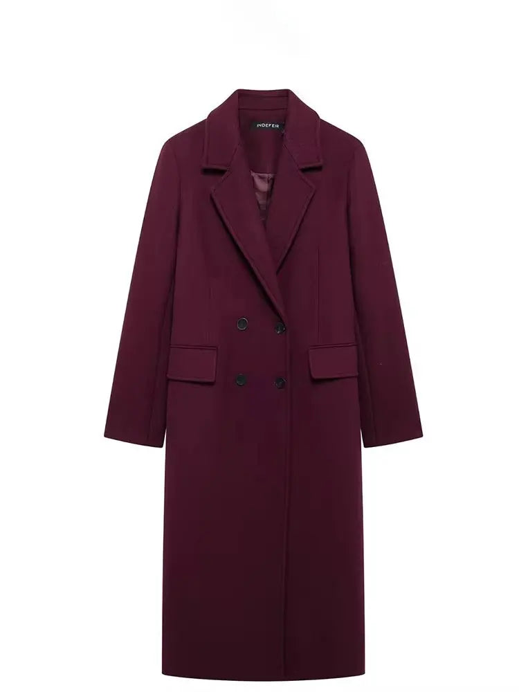 Women’s Elegant Burgundy Long Coat – Double Breasted Winter Outerwear