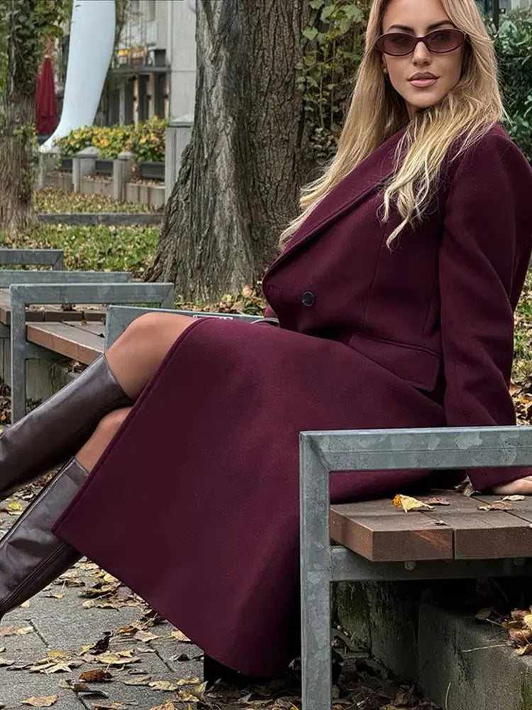 Women’s Elegant Burgundy Long Coat – Double Breasted Winter Outerwear