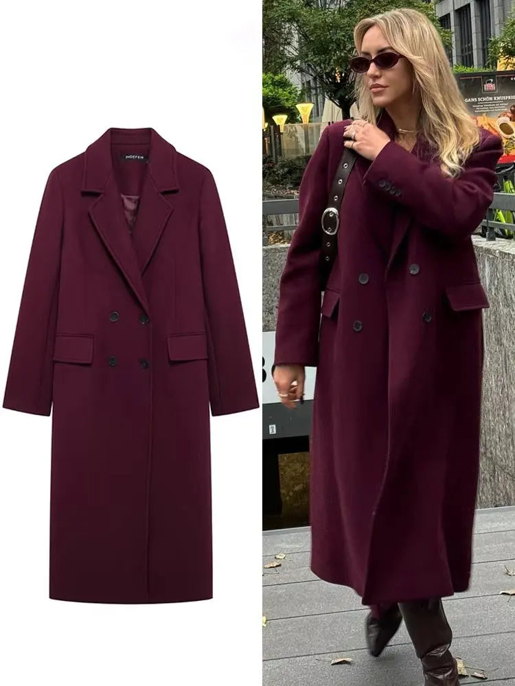 Women’s Elegant Burgundy Long Coat – Double Breasted Winter Outerwear