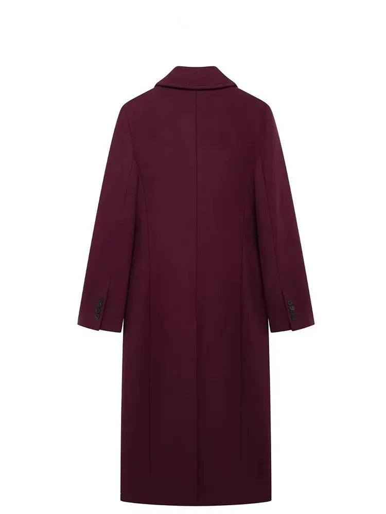 Women’s Elegant Burgundy Long Coat – Double Breasted Winter Outerwear